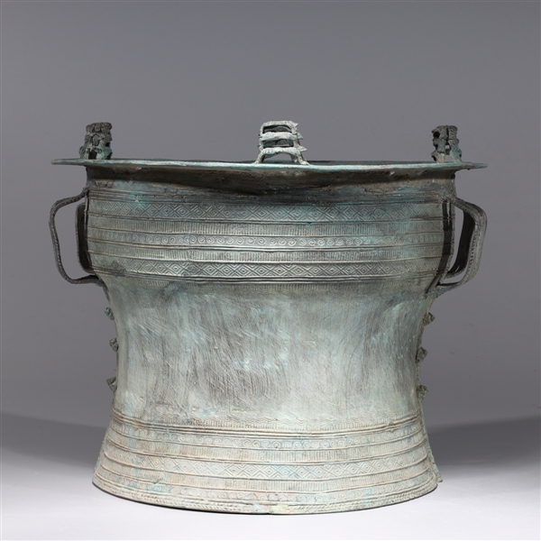 Appraisal: Chinese archaistic bronze metal covered vessel with molded handles and