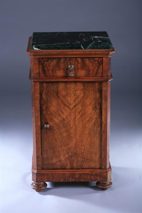 Appraisal: LOUIS PHILIPPE STYLE MARBLE-TOP BURLED WALNUT NIGHT STAND th century