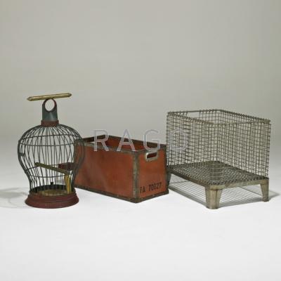 Appraisal: MACHINE AGE Three pieces potato basket birdcage and storage bin