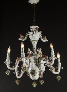 Appraisal: Dresden style porcelain -arm figural chandelier having an acanthus cup