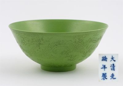 Appraisal: A Chinese green ground dragon bowl the scaly creatures incised