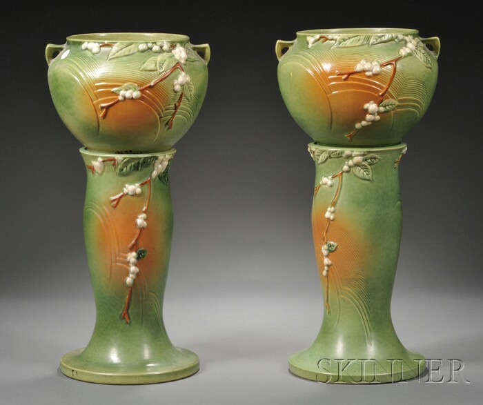 Appraisal: Pair of Roseville Snowberry Pattern Jardinieres on Pedestals Molded decorated