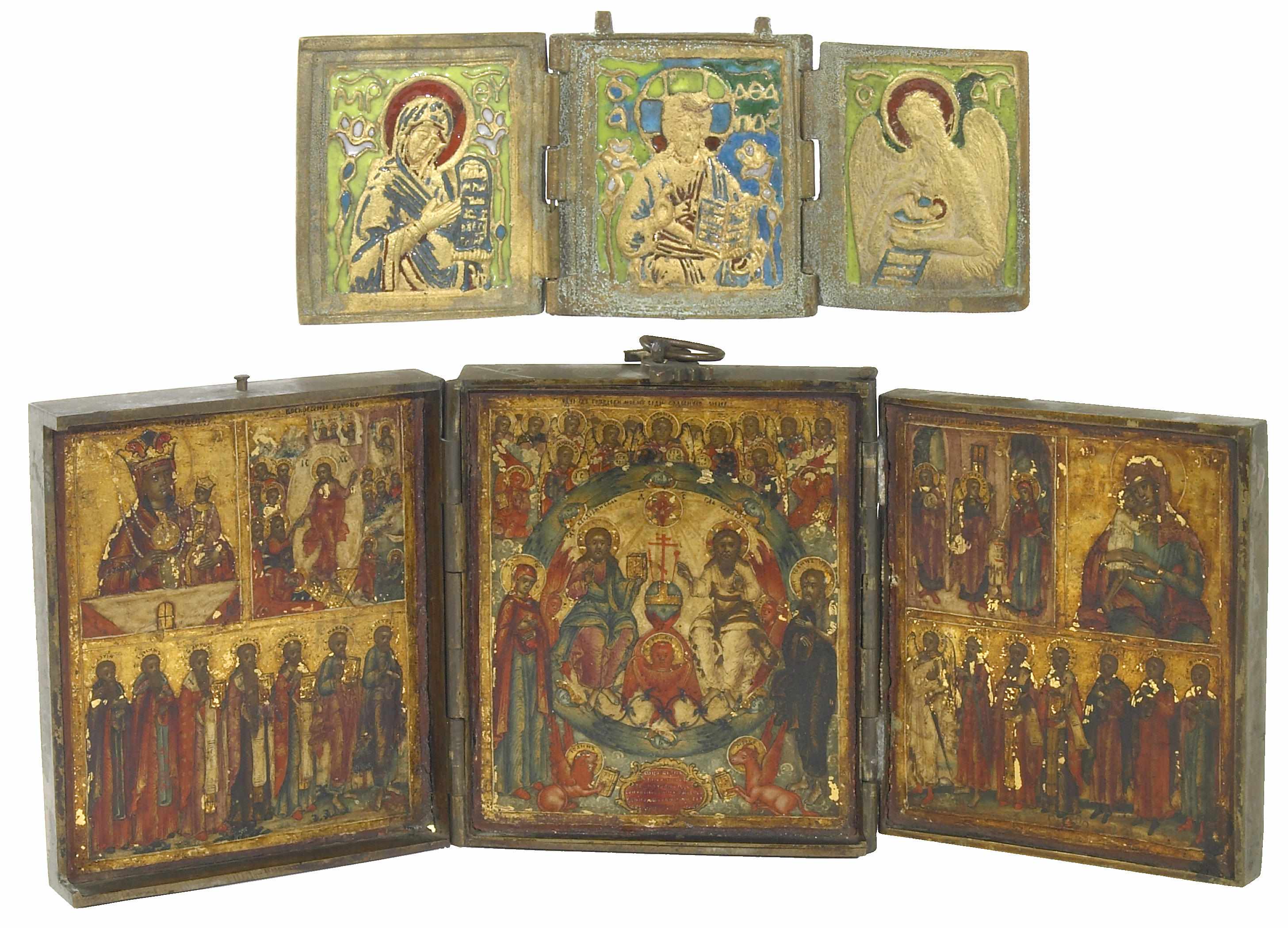 Appraisal: A Russian brass and painted wood traveling triptych late th