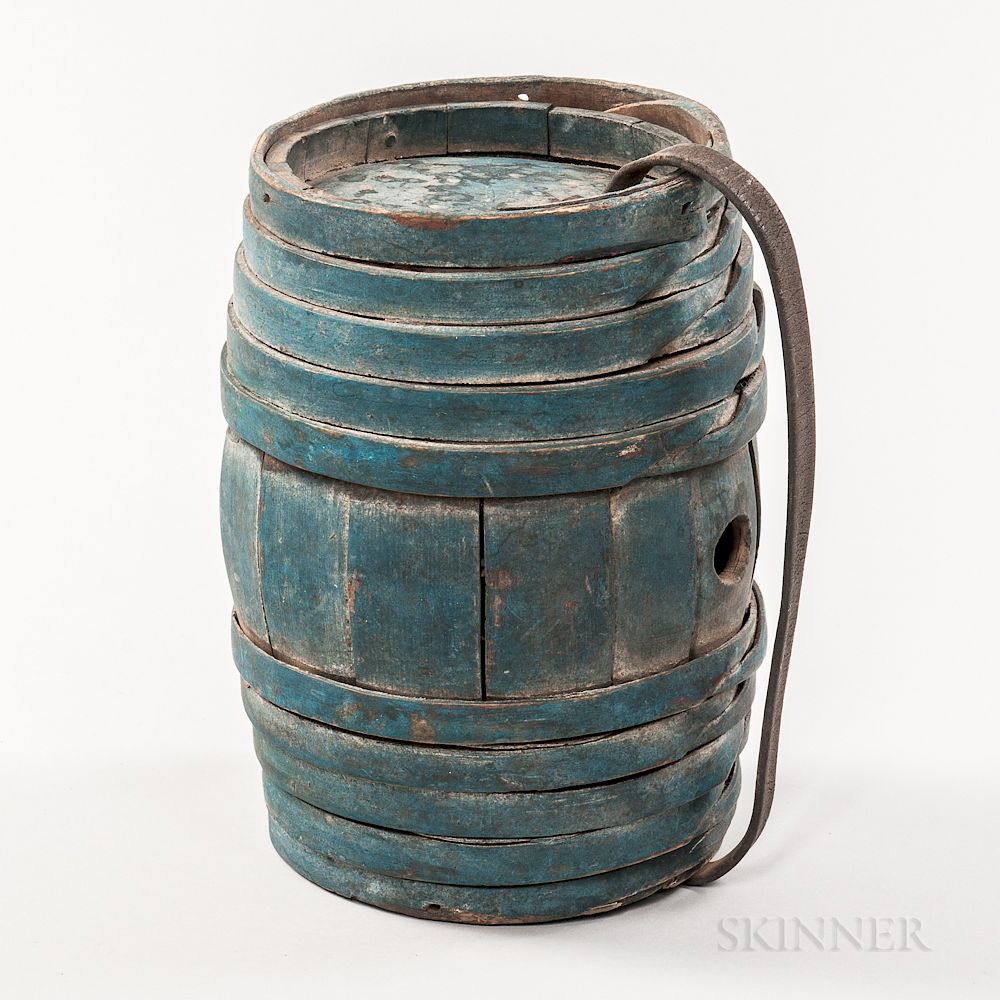 Appraisal: Blue-painted Canteen Blue-painted Canteen th century staved construction with wood