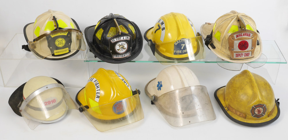 Appraisal: VINTAGE FIRE FIGHTERS HELMETS An assembled collection of total various