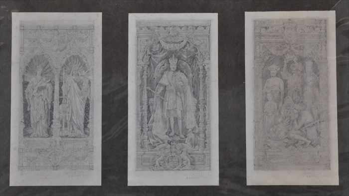 Appraisal: THREE ENGLISH DESIGNS FOR STAINED GLASS WINDOWS Pencil on paper