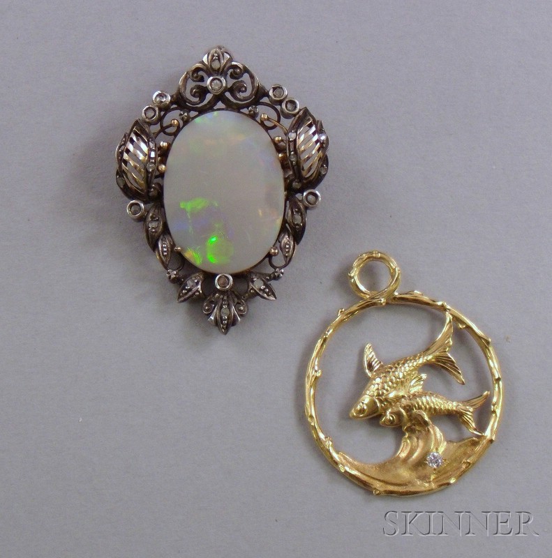 Appraisal: Gold Opal and Rose-cut Diamond Pendant Brooch and an kt