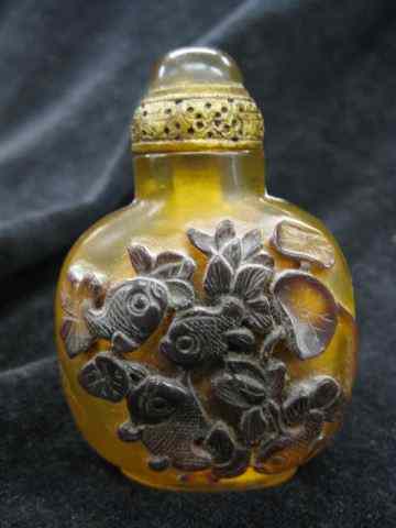 Appraisal: Chinese Snuff Bottle carved amber aquatic scenes '' tall excellent