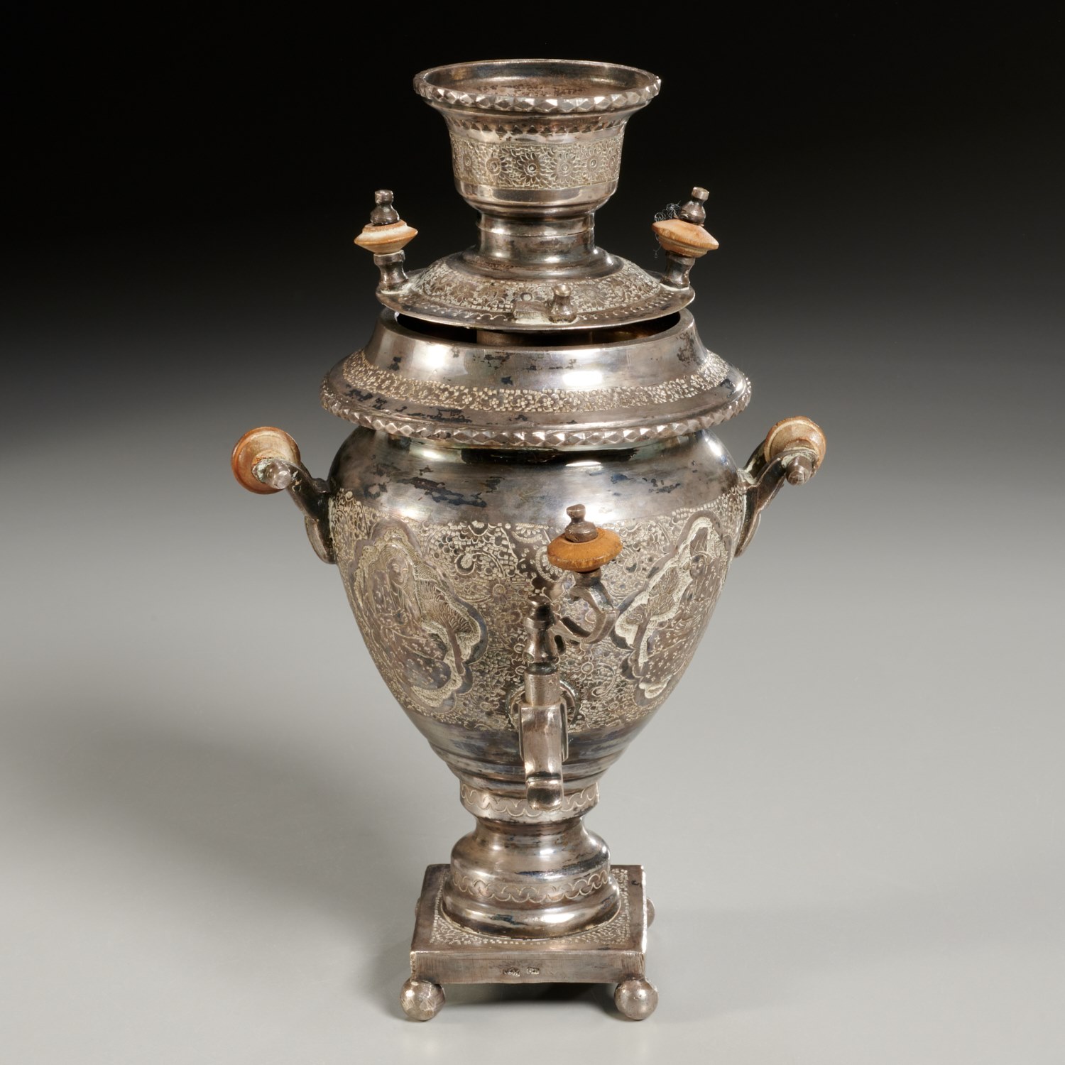 Appraisal: RUSSIAN MARKET PERSIAN SILVER MINIATURE SAMOVAR Late th c engraved