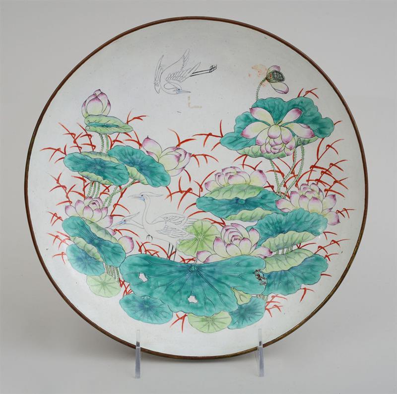 Appraisal: CANTON ENAMEL FOOTED DEEP DISH Painted with crane amidst lotus