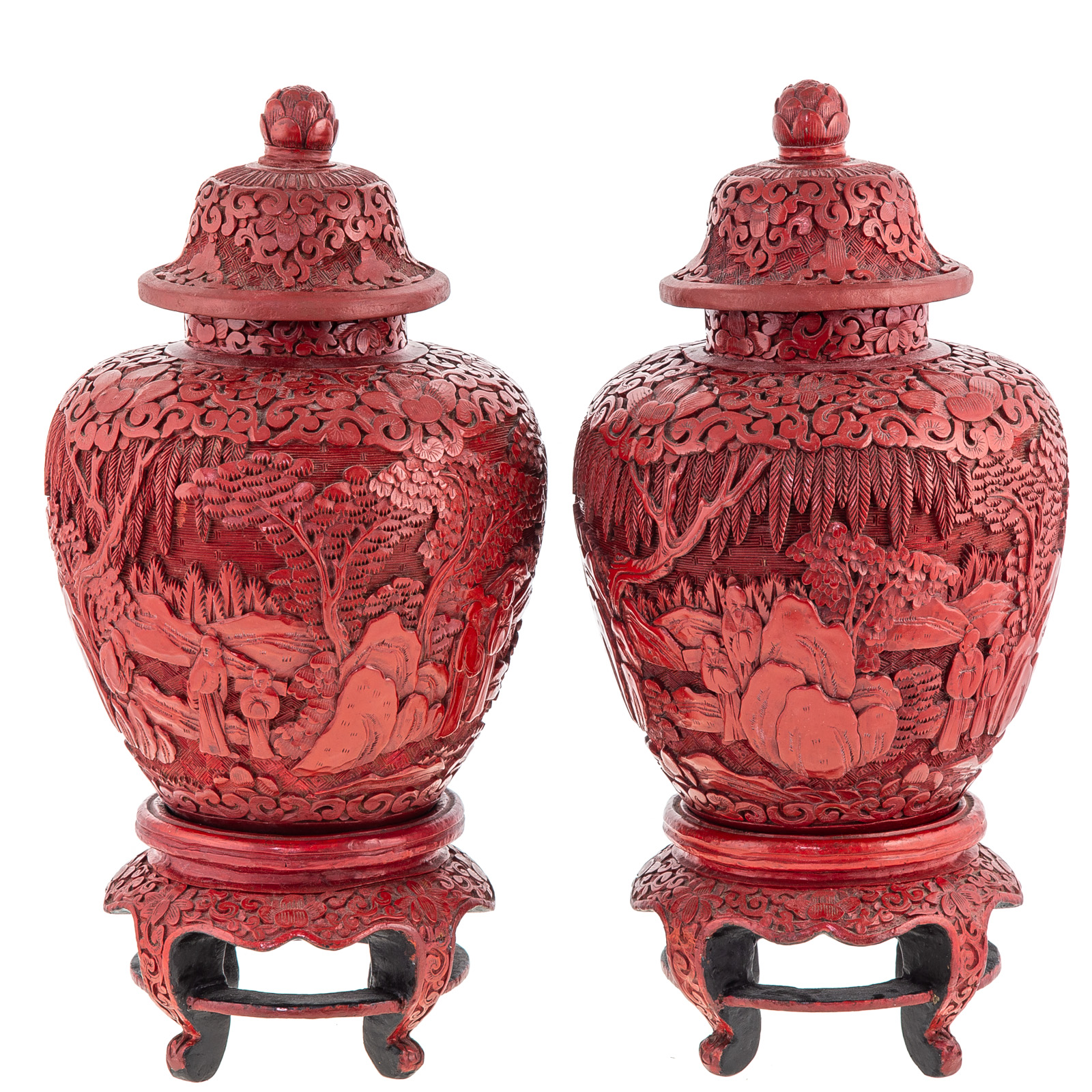 Appraisal: PAIR OF CHINESE CINNABAR LACQUER JARS STANDS Elaborately carved scenes