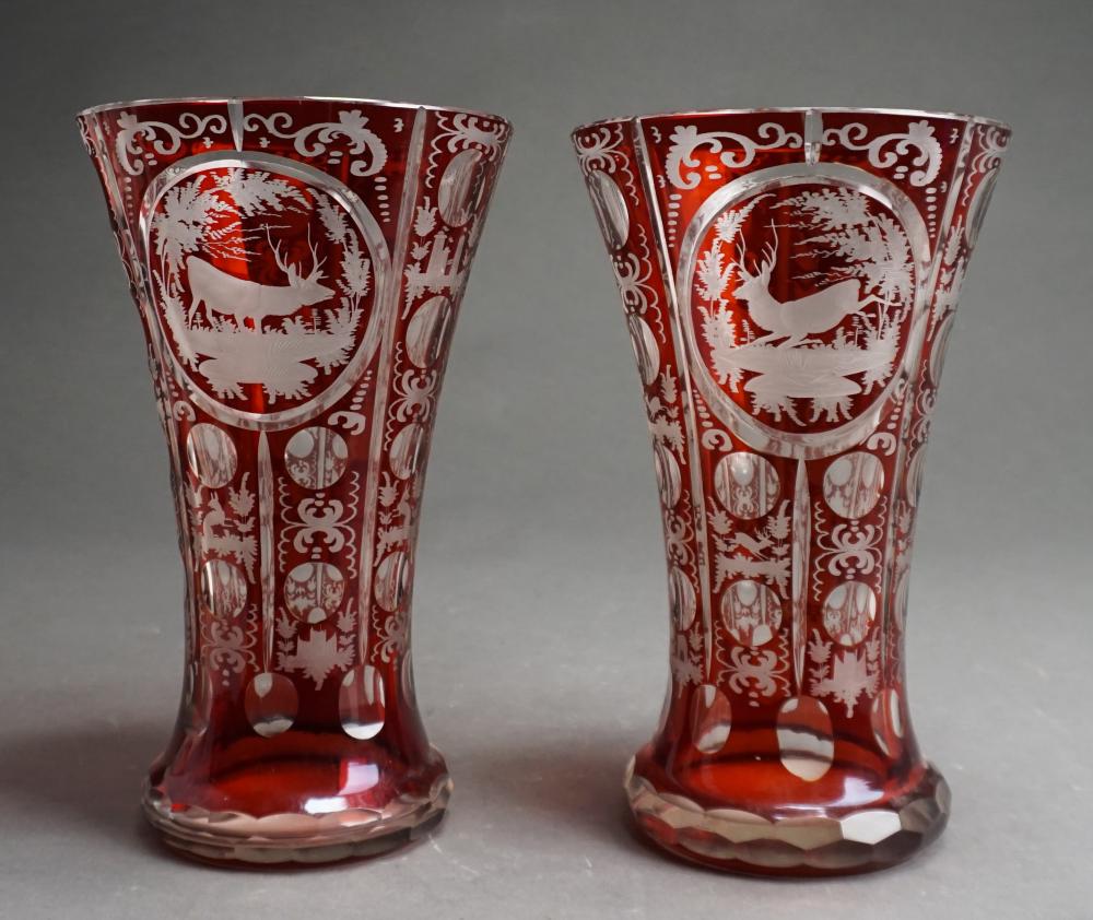 Appraisal: Pair Bohemian Etched Cranberry Glass Vases H in cm