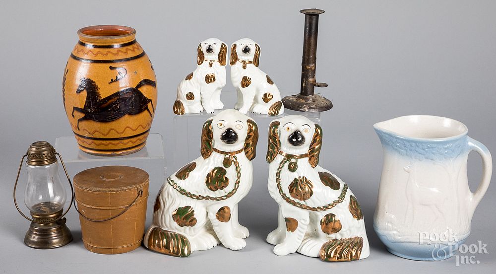 Appraisal: Decorative accessories Decorative accessories to include Staffordshire spaniels Schooner redware