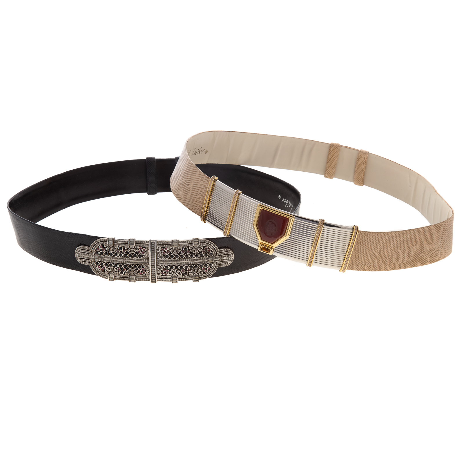 Appraisal: TWO JUDITH LEIBER LIZARD AND GEMSTONE BELTS A black lizard