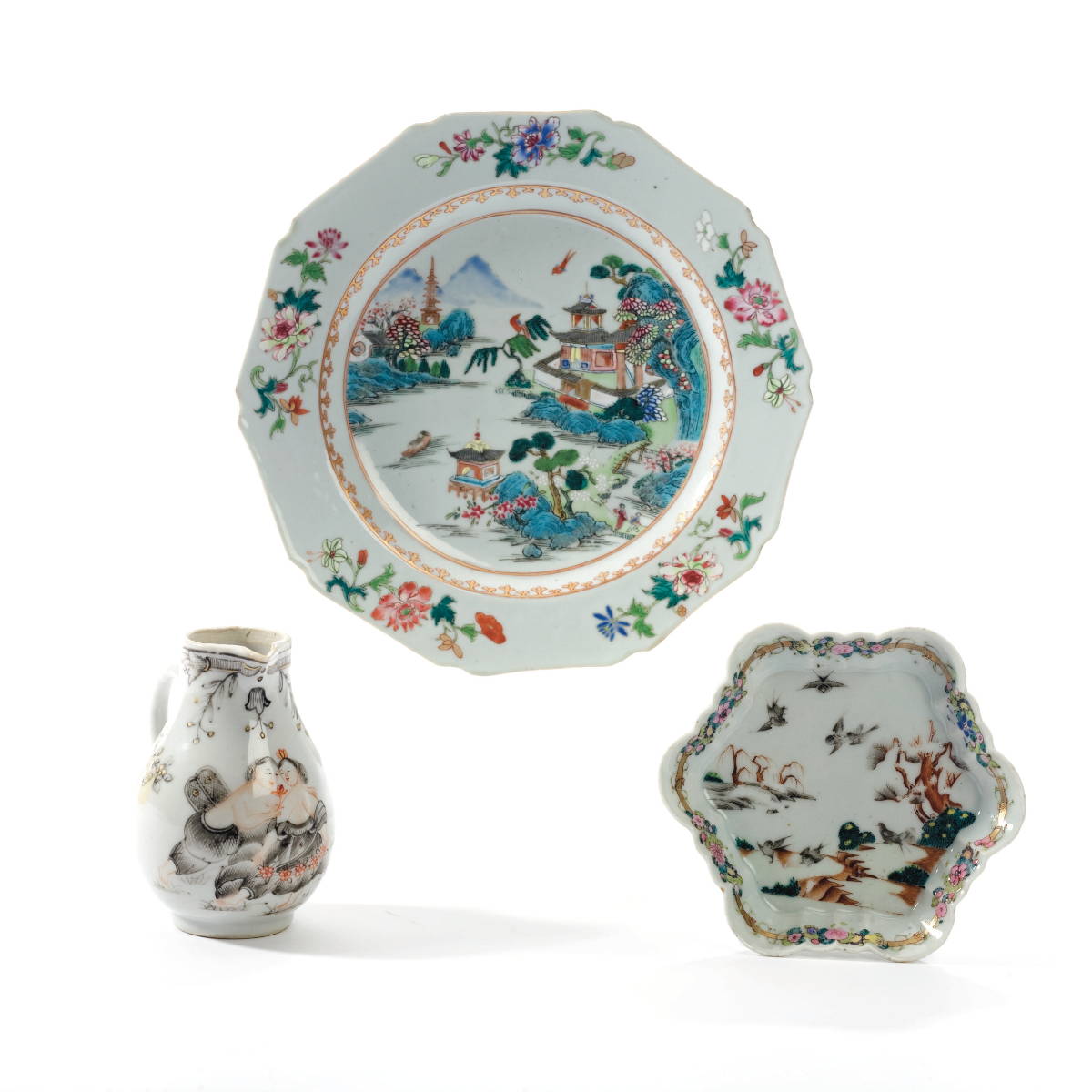 Appraisal: THREE CHINESE EXPORT PORCELAIN TABLEWARES Comprising an octagonal famille rose