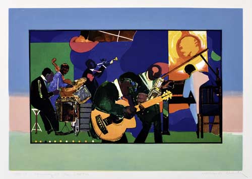 Appraisal: ROMARE BEARDEN - Jamming at the Savoy Color etching -