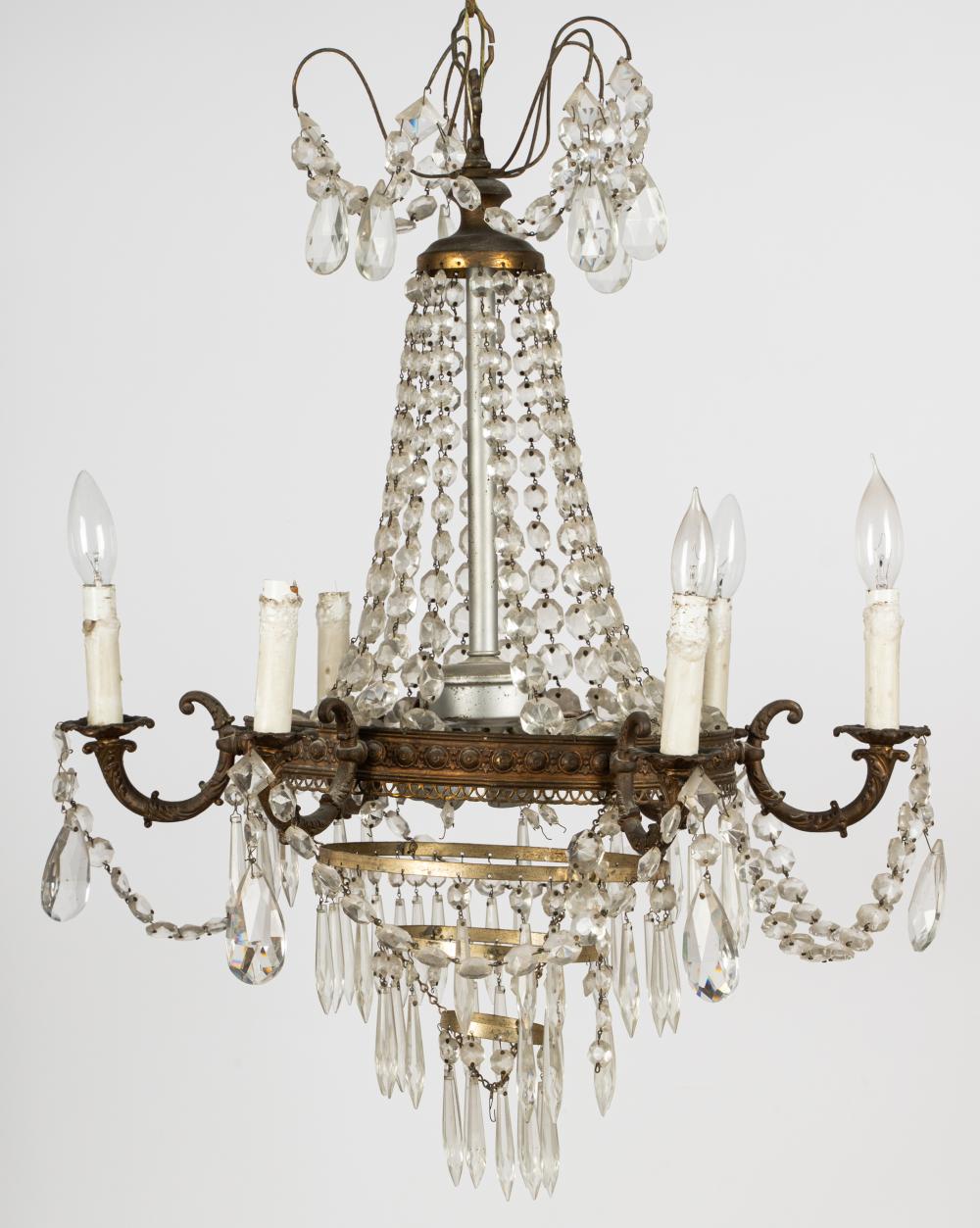 Appraisal: EMPIRE-STYLE GILT METAL GLASS CHANDELIER th century six lights Condition