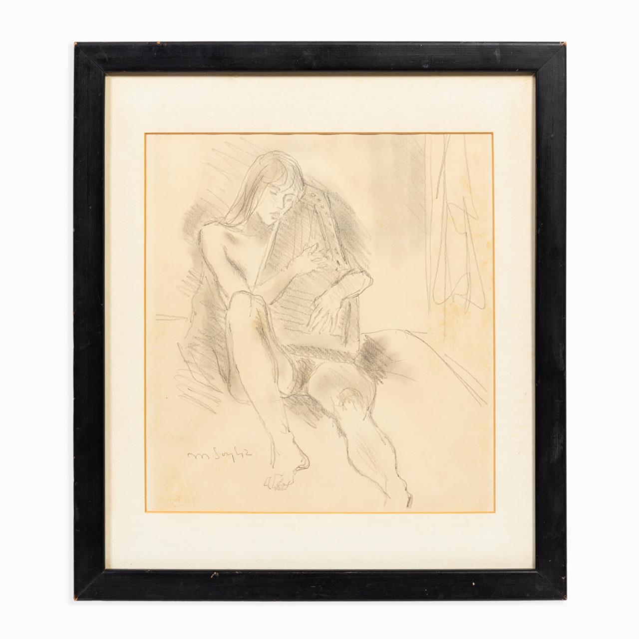 Appraisal: MOSES SOYER GRAPHITE PAPER NUDE W AUTOHARP Moses Soyer American