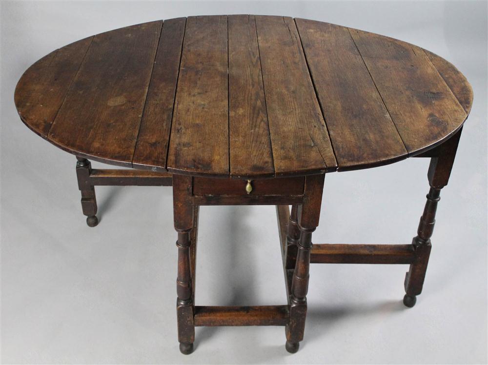 Appraisal: ENGLISH WILLIAM AND MARY OAK AND ELMWOOD DROP LEAF GATELEG