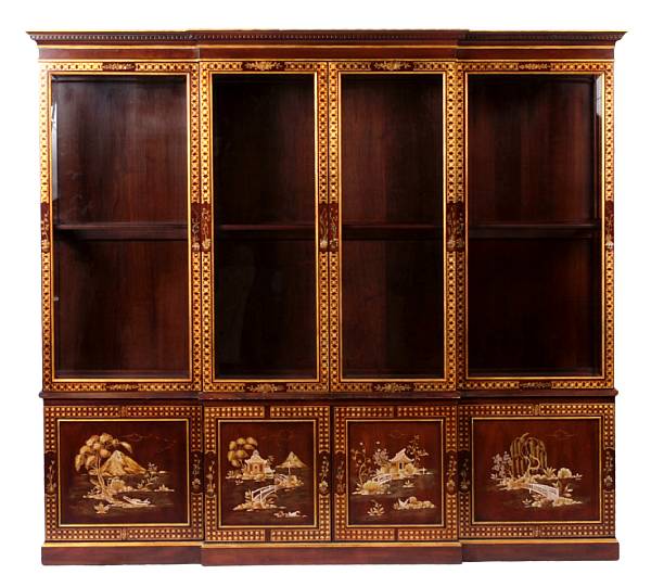 Appraisal: A George III style lacquered breakfront bookcase chinoiserie decorated with