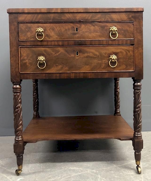 Appraisal: Boston Sheraton Mahogany Two-Drawer Work Table Boston Sheraton mahogany Classical