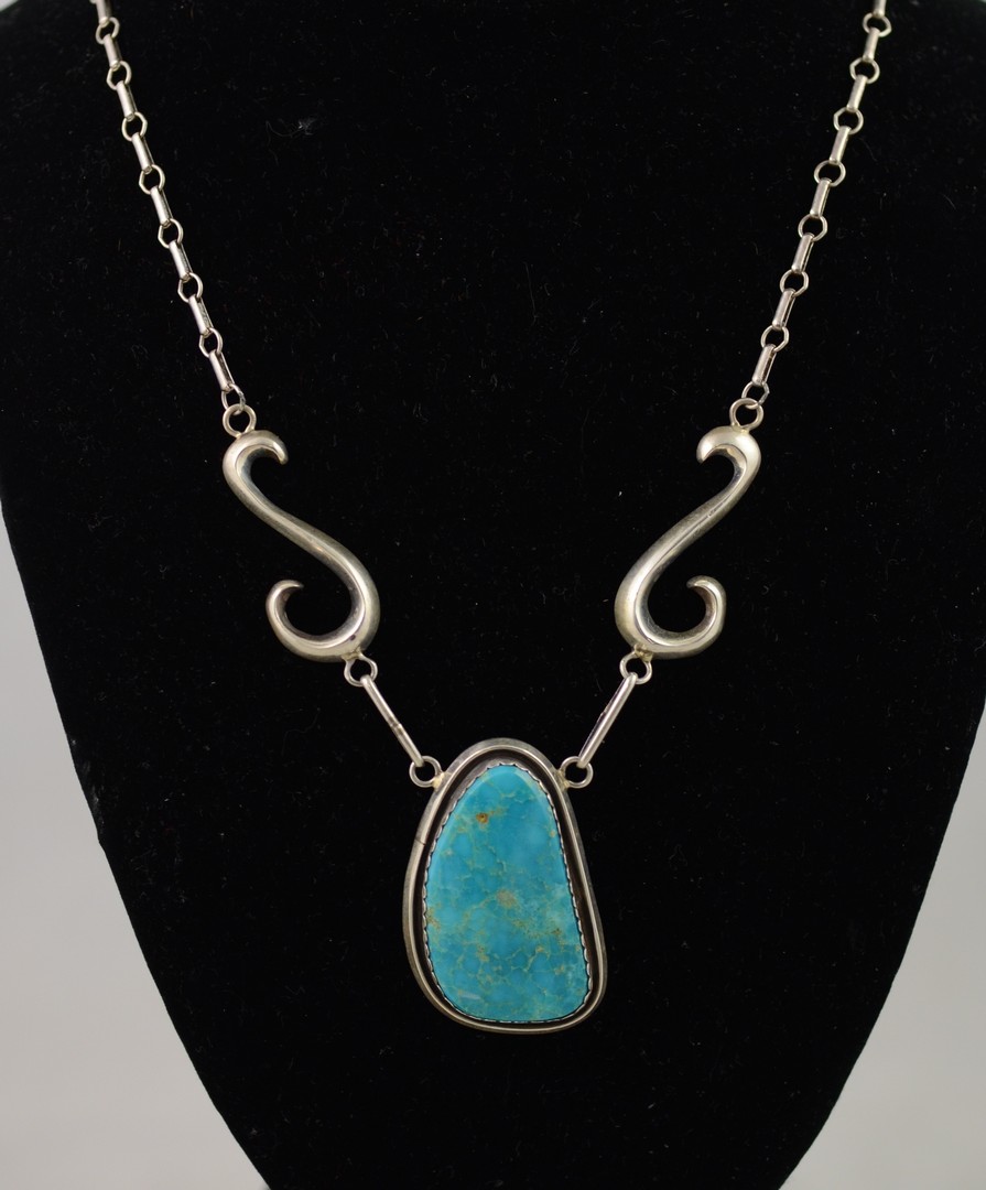 Appraisal: J Bejay Navajo sterling modernist necklace with cabochon turquoise -