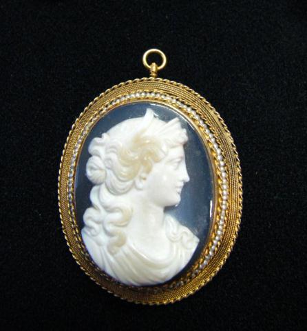 Appraisal: Antique cameo pin-pendant with carved shell portrait and seed pearl