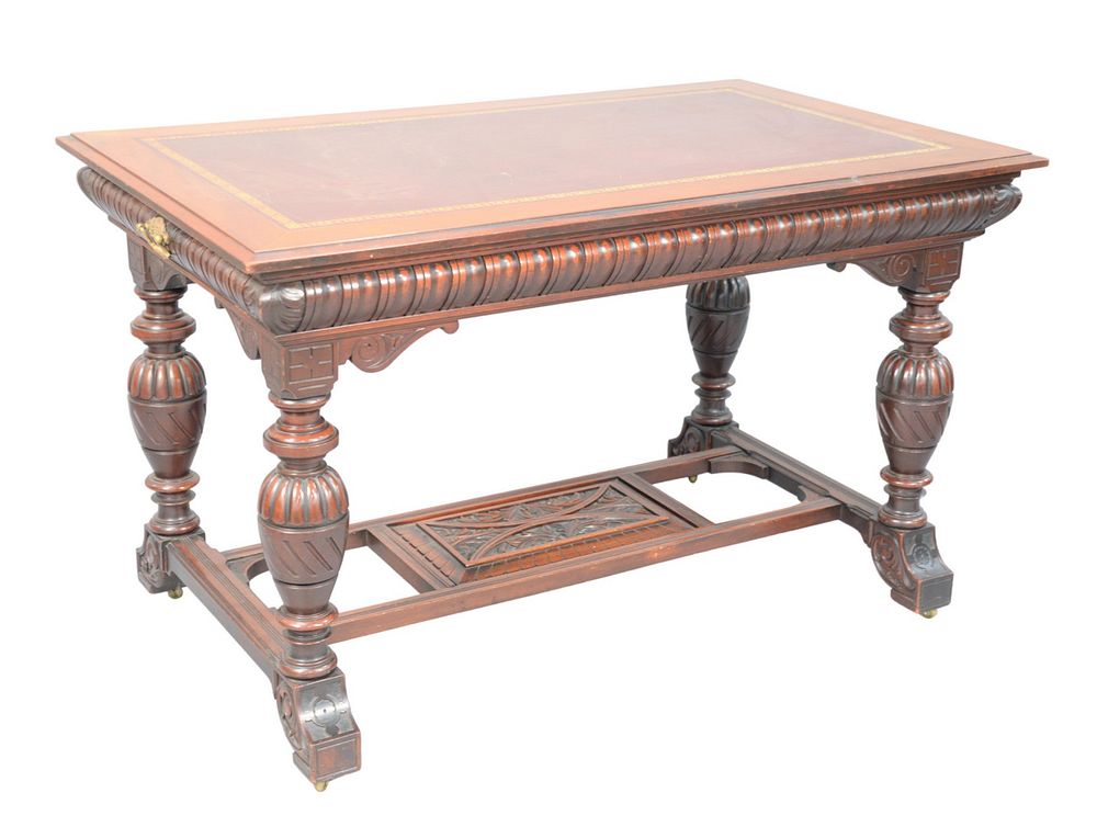 Appraisal: Victorian Mahogany Writing Table having tooled leather top carved drawer