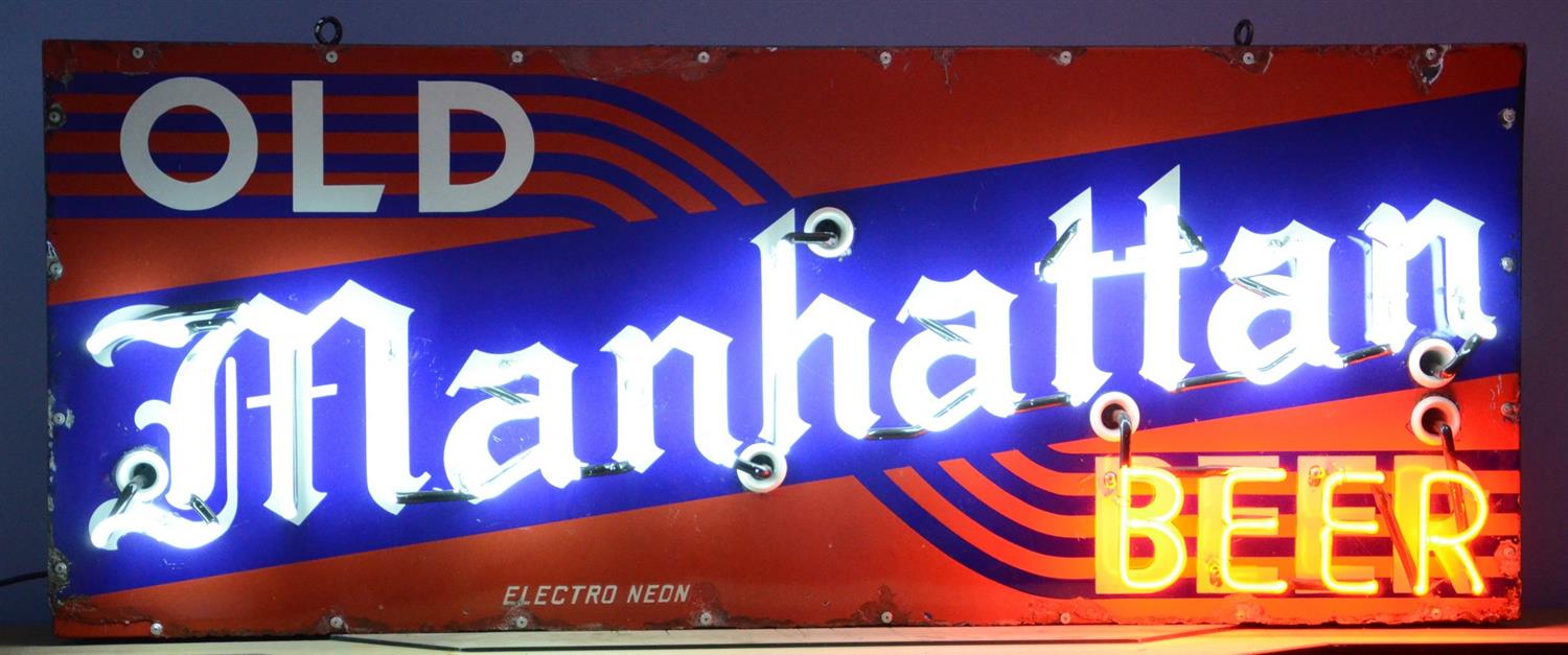 Appraisal: Large Old Manhattan Beer Sign Enameled Metal Neon w x