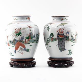 Appraisal: Pair of th Century Chinese Famille Vert Hand Painted Jars