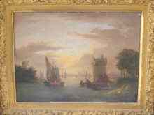 Appraisal: An oil on canvas river scene of fishing boats and