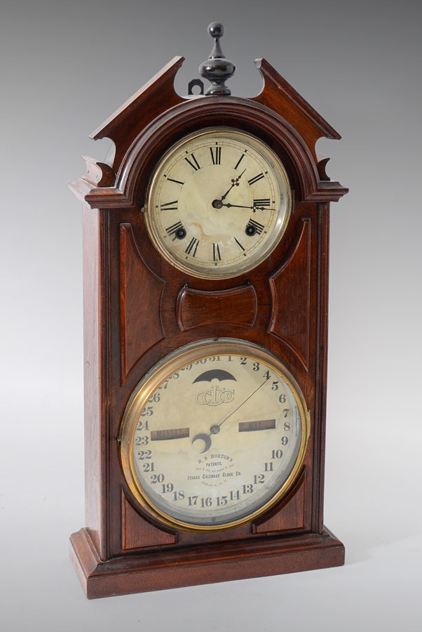 Appraisal: ITHACA NO LIBRARY SHELF CALENDAR CLOCK Walnut case center spire