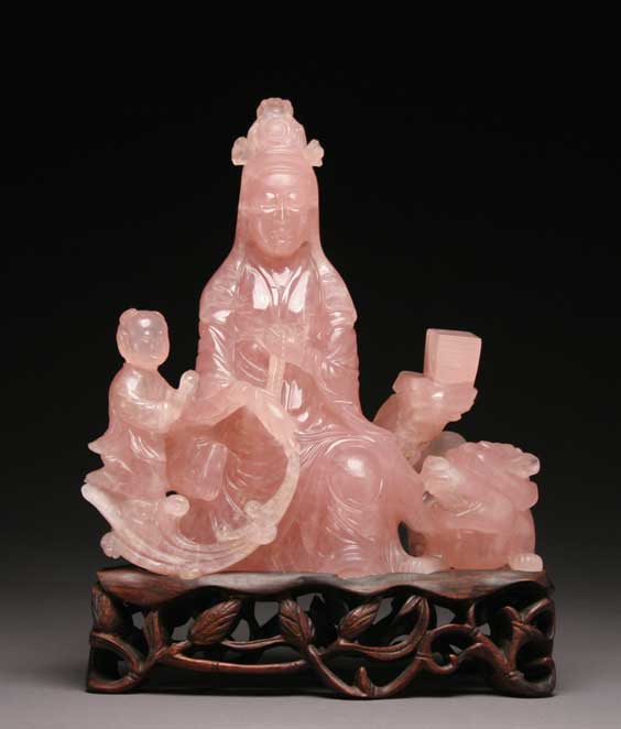 Appraisal: ANTIQUE ROSE QUARTZ GUANYIN Antique Chinese carved rose quartz figural