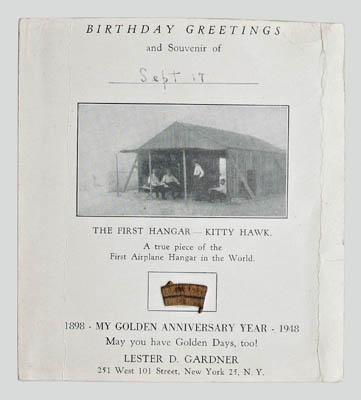 Appraisal: Piece of Kitty Hawk hangar printed card quot Birthday Greetings