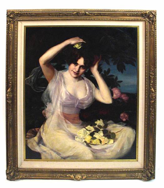 Appraisal: French School A portrait of a lady with yellow roses