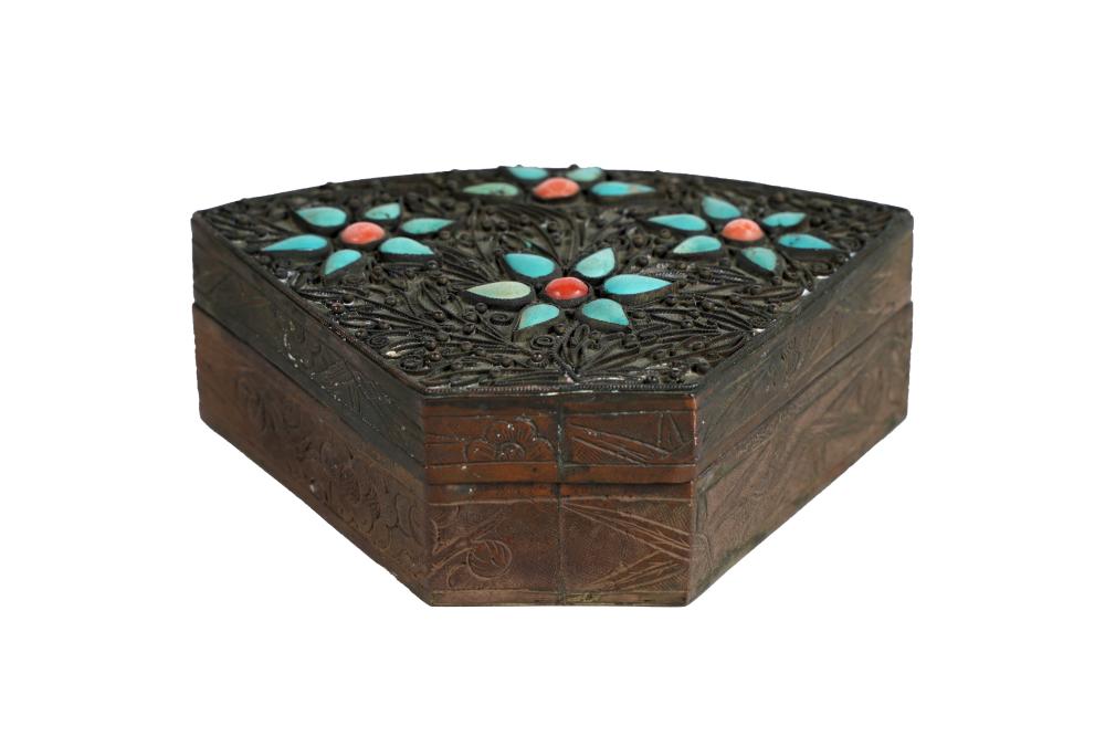 Appraisal: CHINESE SILVER TURQUOISE-INLAID BOXmarked to underside China with lift-off top