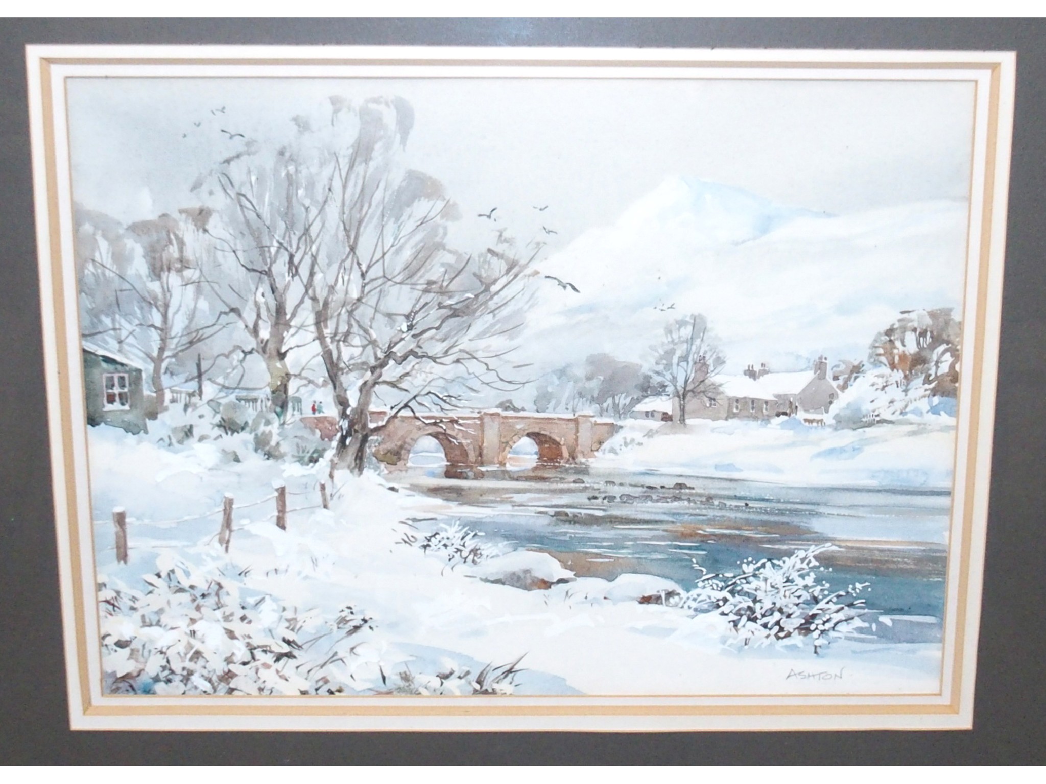 Appraisal: SCOTTISH SCHOOL Snowy river landscape signed Ashton watercolour