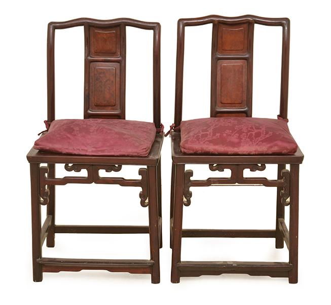 Appraisal: A PAIR OF CHINESE ROSEWOOD AND BURL WOOD SIDE CHAIRS