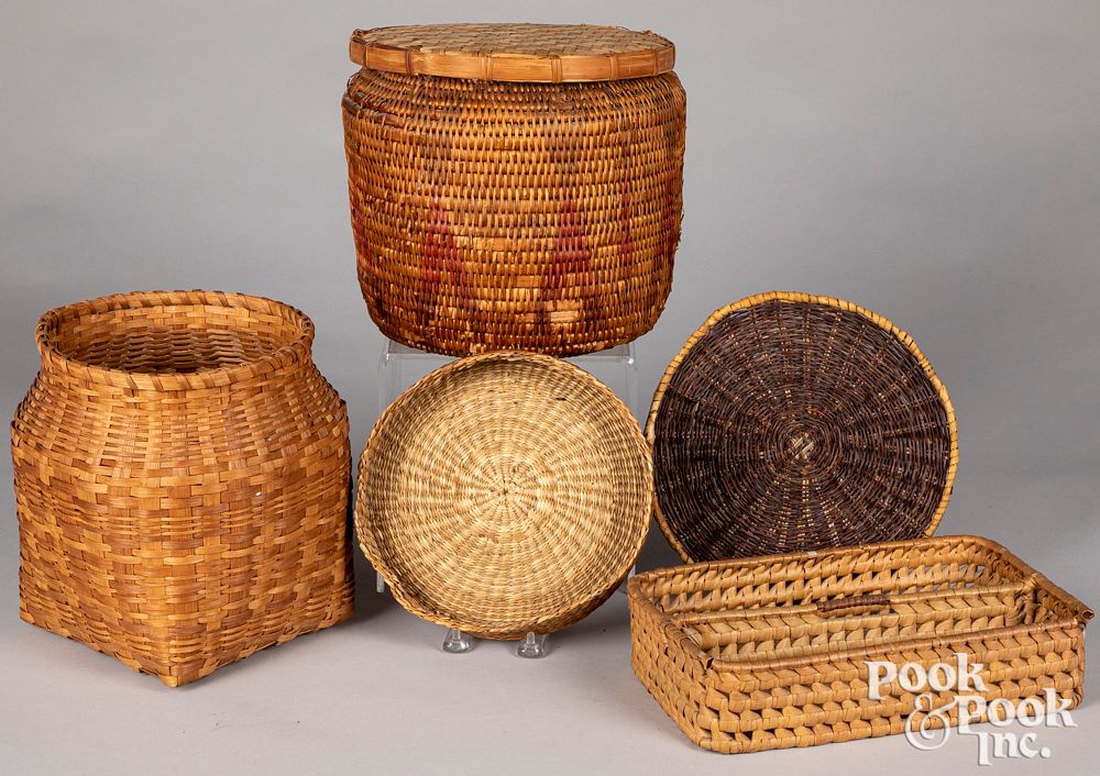 Appraisal: Group of five baskets Group of five baskets along with