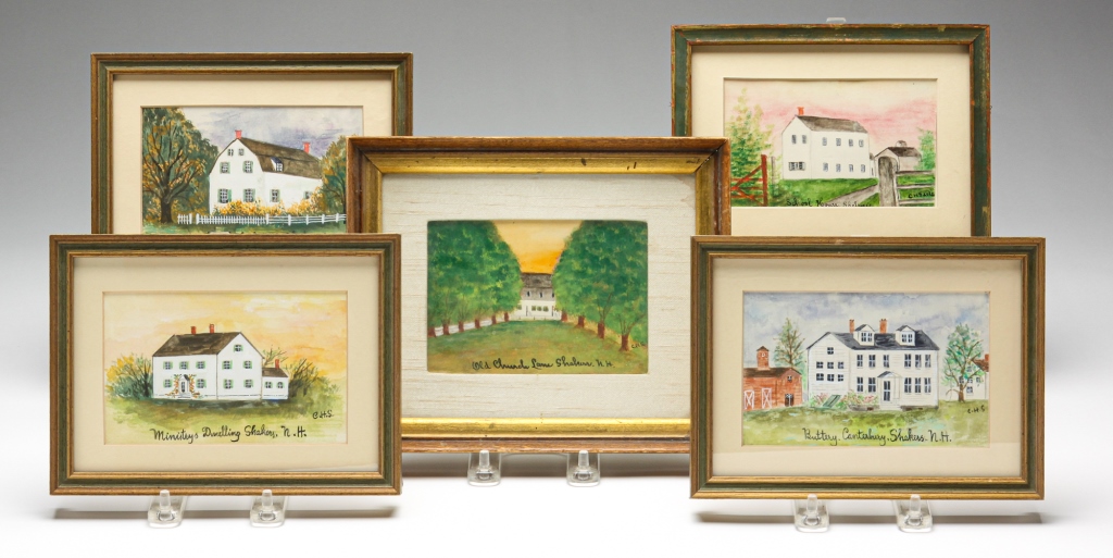 Appraisal: FIVE SHAKER PAINTINGS BY SISTER SARLE Watercolor on paper all