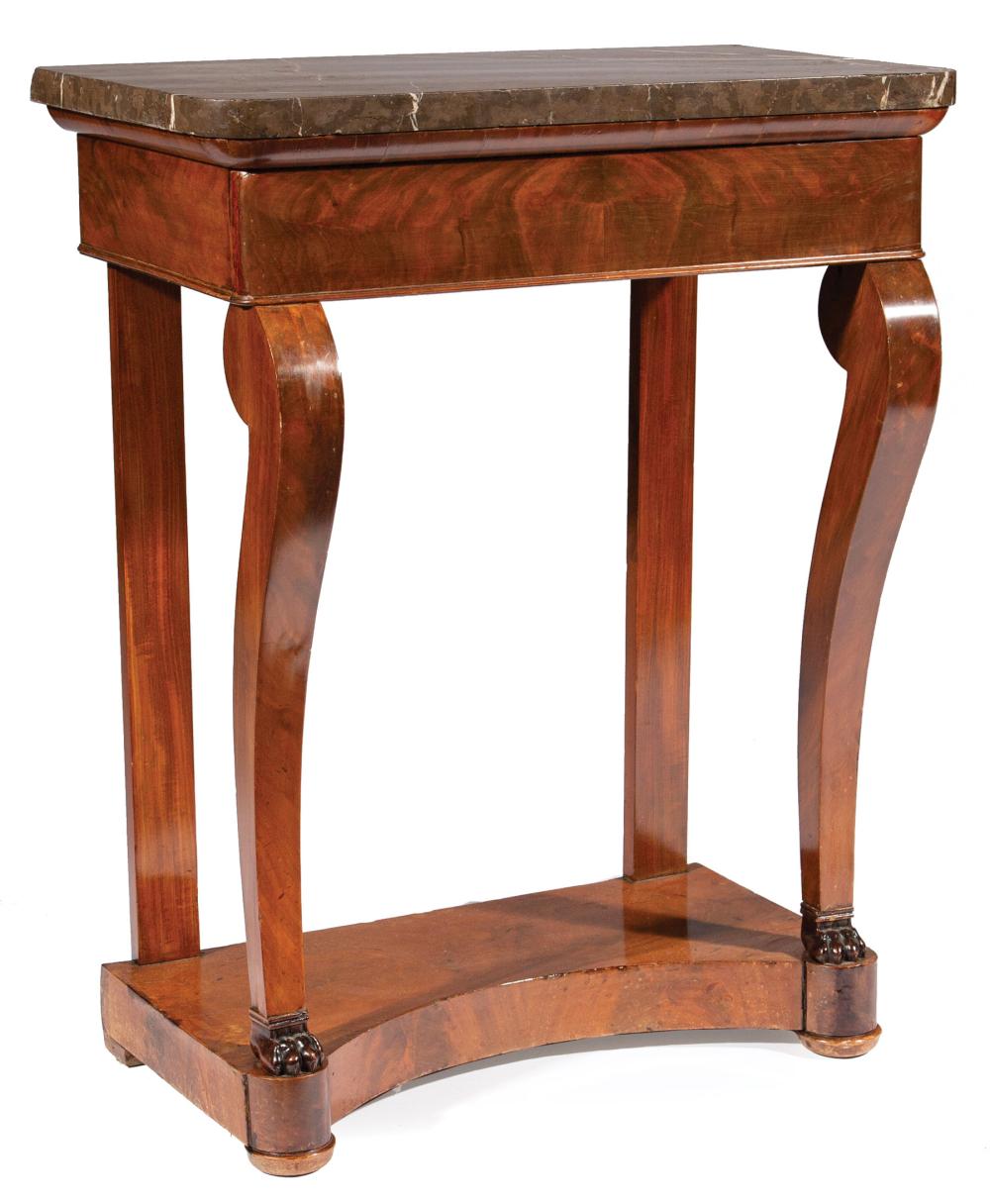 Appraisal: Diminutive Restauration Mahogany Console Table marble top figured frieze scroll