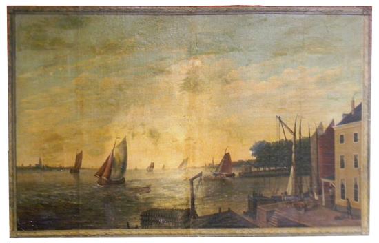 Appraisal: Large Continental oil painting on linen canvas circa harbor scene