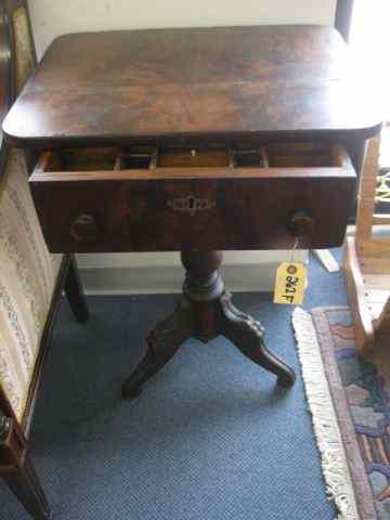 Appraisal: th Century Sewing Stand tri-footed base compartments in drawers circa