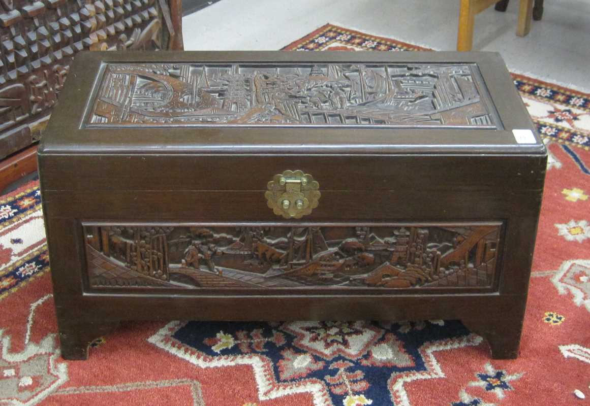 Appraisal: CARVED TEAK AND CAMPHOR WOOD BLANKET CHEST Hong Kong late