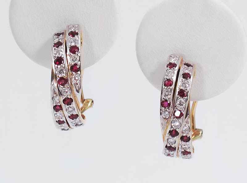 Appraisal: ITALIAN RUBY AND DIAMOND TRIPLE HOOP EAR CLIPS K yellow