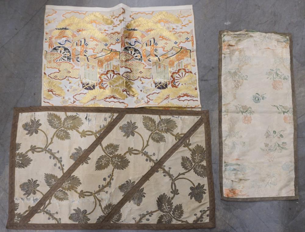 Appraisal: Three Continental Embroidered Table Runners and Japanese Textile Fragment L