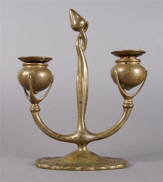 Appraisal: A Tiffany Studios Bronze Two-Light Candelabra Height inches