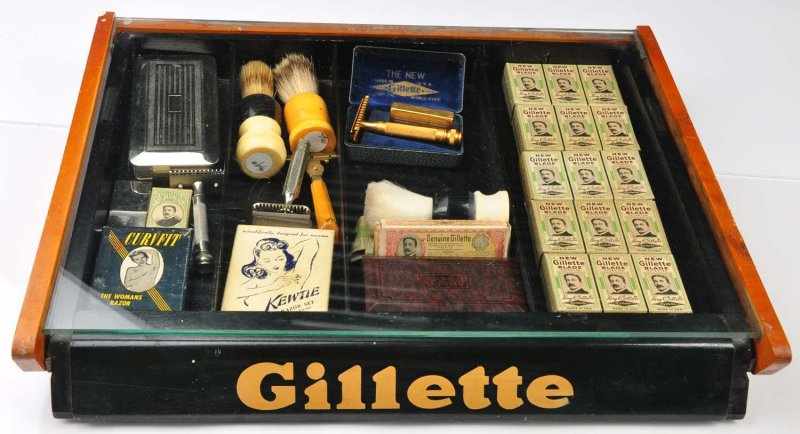 Appraisal: Gillette Advertising Display Case Description Glass top with wood front