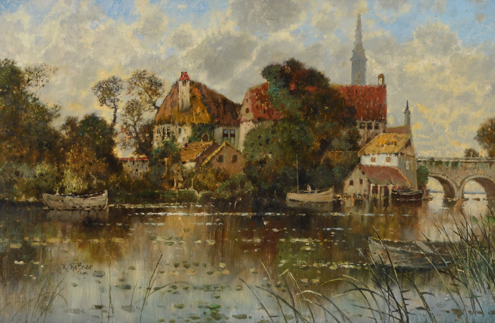 Appraisal: HEFFNER Karl German - Waterside Village Oil Panel ''x ''