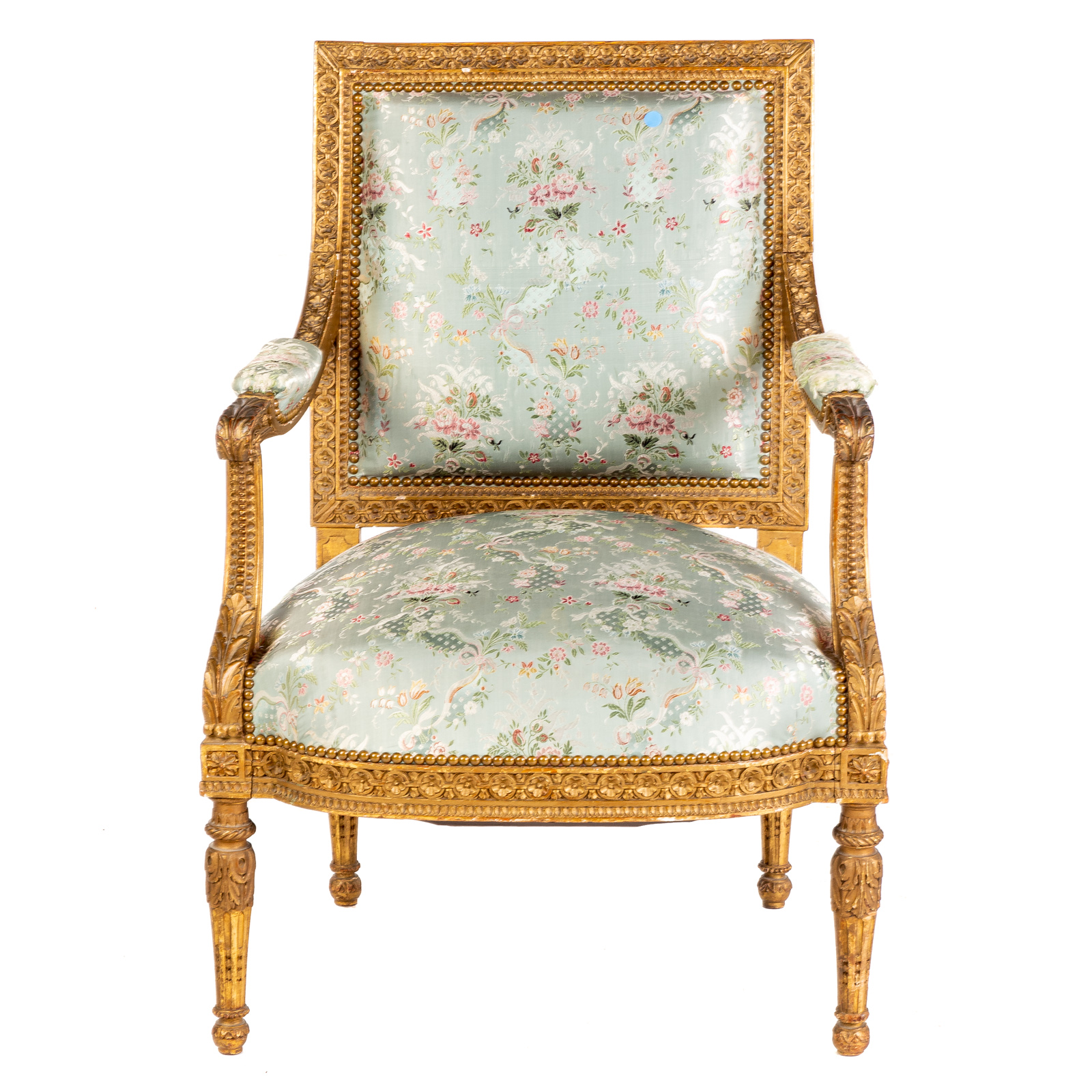 Appraisal: LOUIS XVI STYLE GILTWOOD ARM CHAIR th century elaborate floral